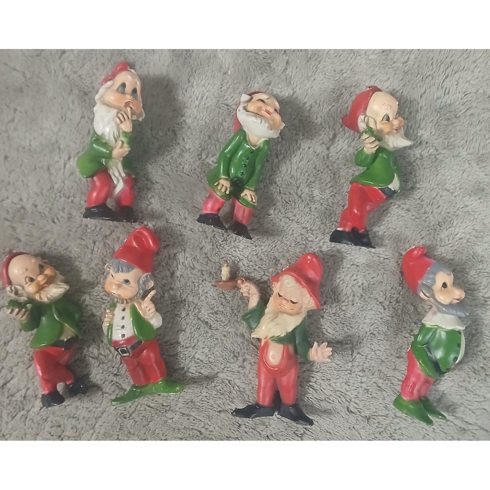 7 Vtg Christmas Gnome Elf Ornaments Plastic‎ Cake Toppers 60s 70s Hong Kong READ